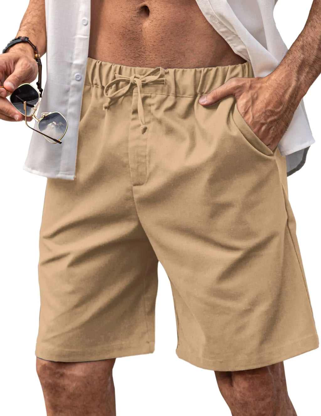 COOFANDY Mens Linen Flat Front Short Lightweight Drawstring Button Summer Short